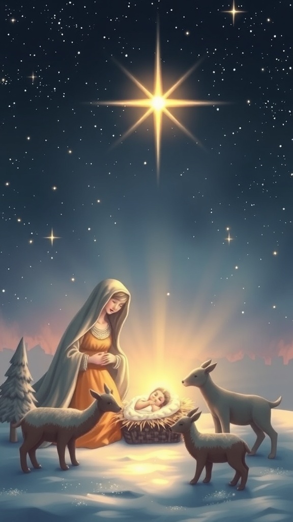 Nativity scene with Mary, Joseph, and baby Jesus under a bright star, symbolizing hope and peace.